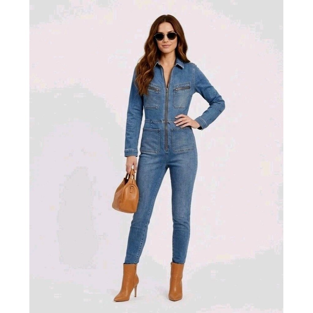 Free People Lennox Denim Jumpsuit L Large Blue Zip Front Utility Long Sleeve...